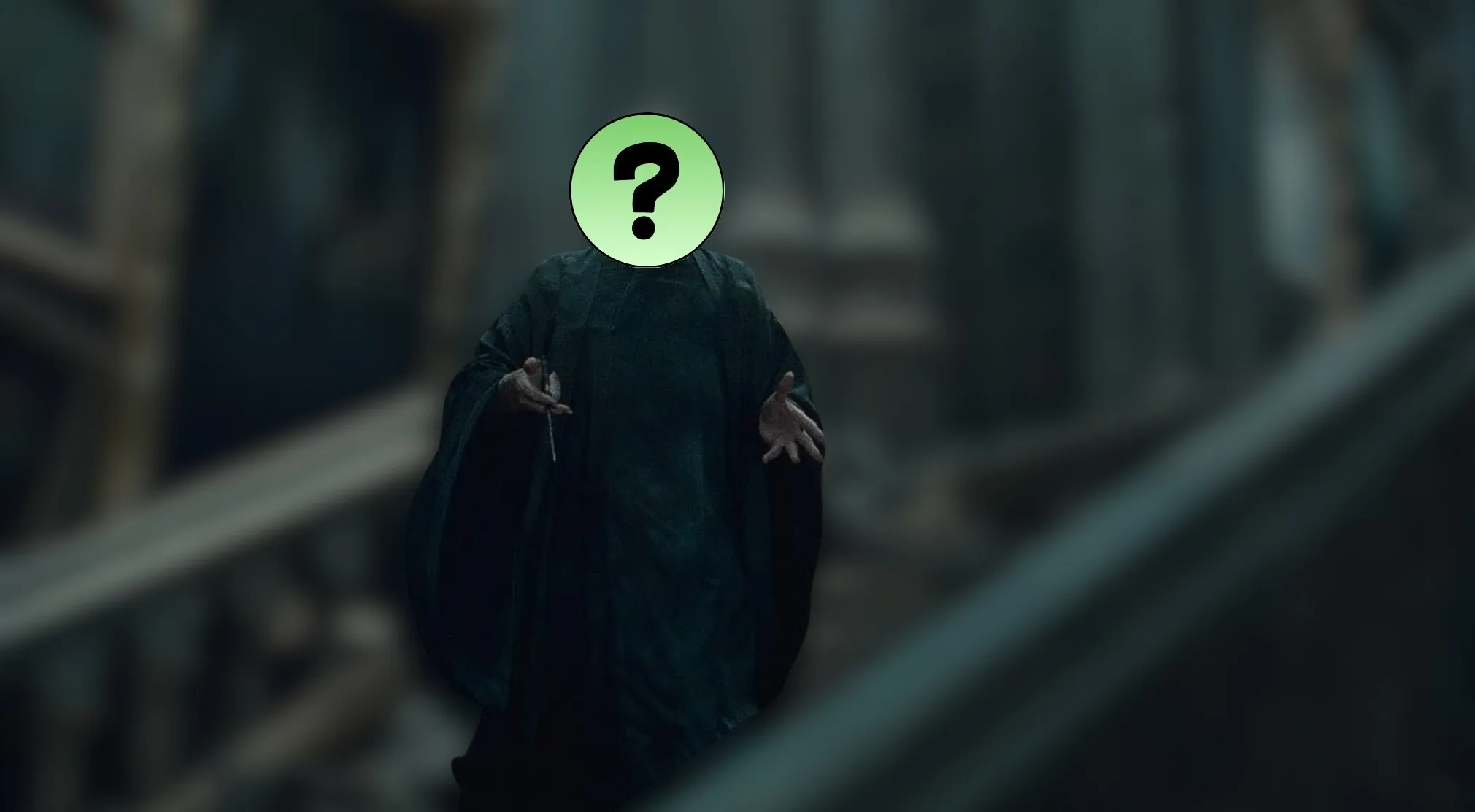 A blurred figure in a dark cloak, with a question mark over their face, for the Harry Potter villain outfit quiz.