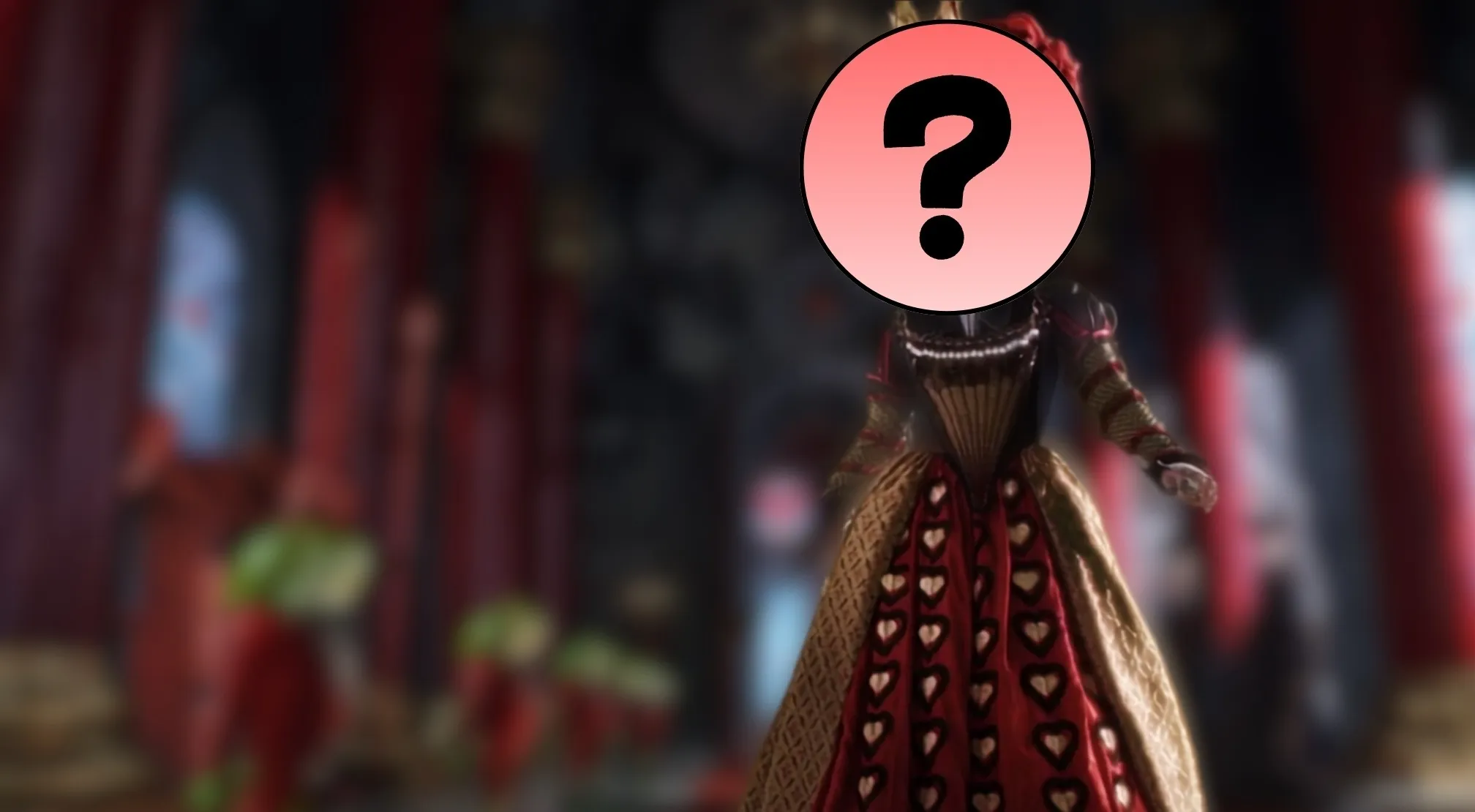 Guess the Alice in Wonderland villain! An elegant red and gold outfit with hearts, a crown, and a question mark over the face.