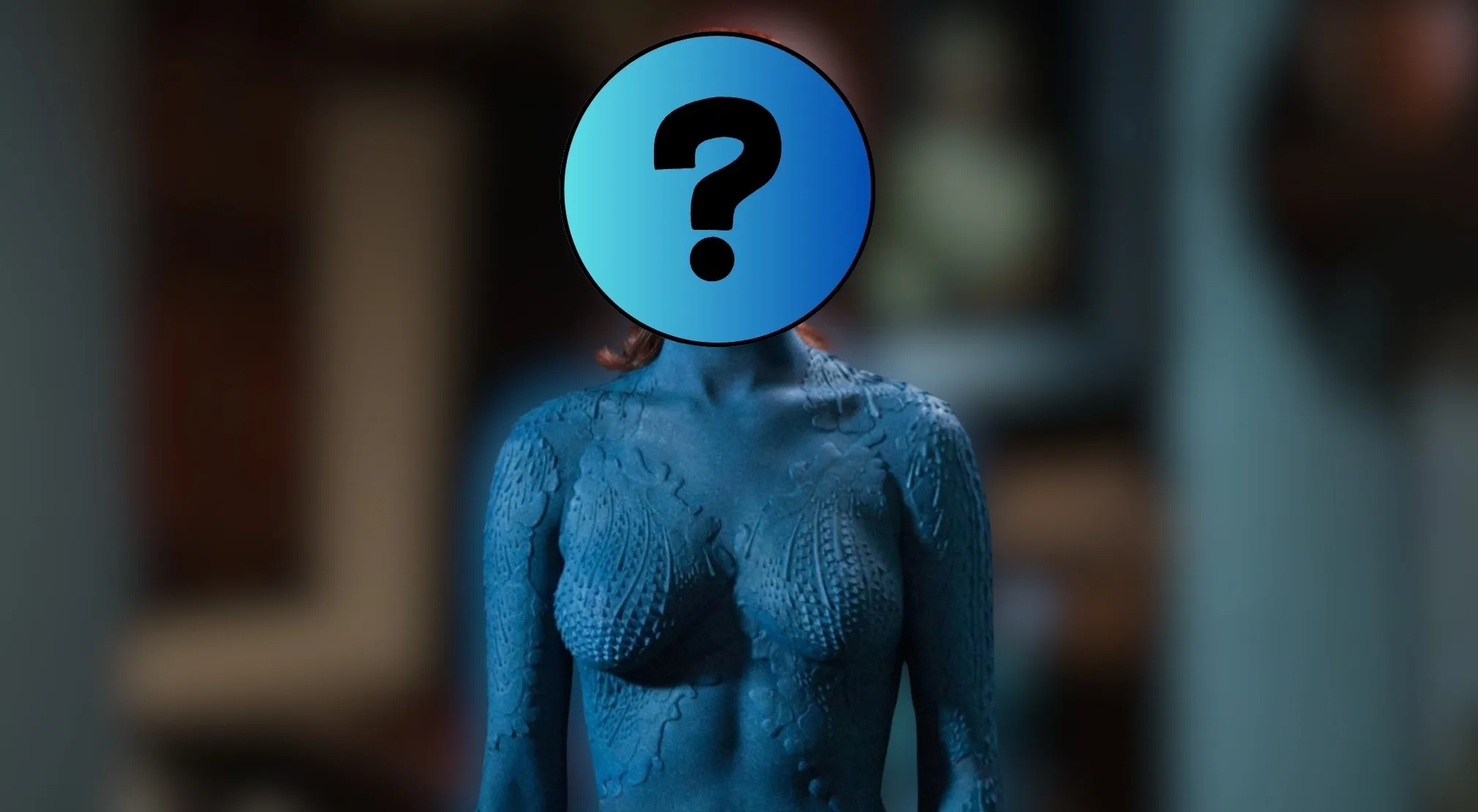 Blue-skinned X-Men villain with scales and a question mark over her face for a Guess The Villain outfit quiz.