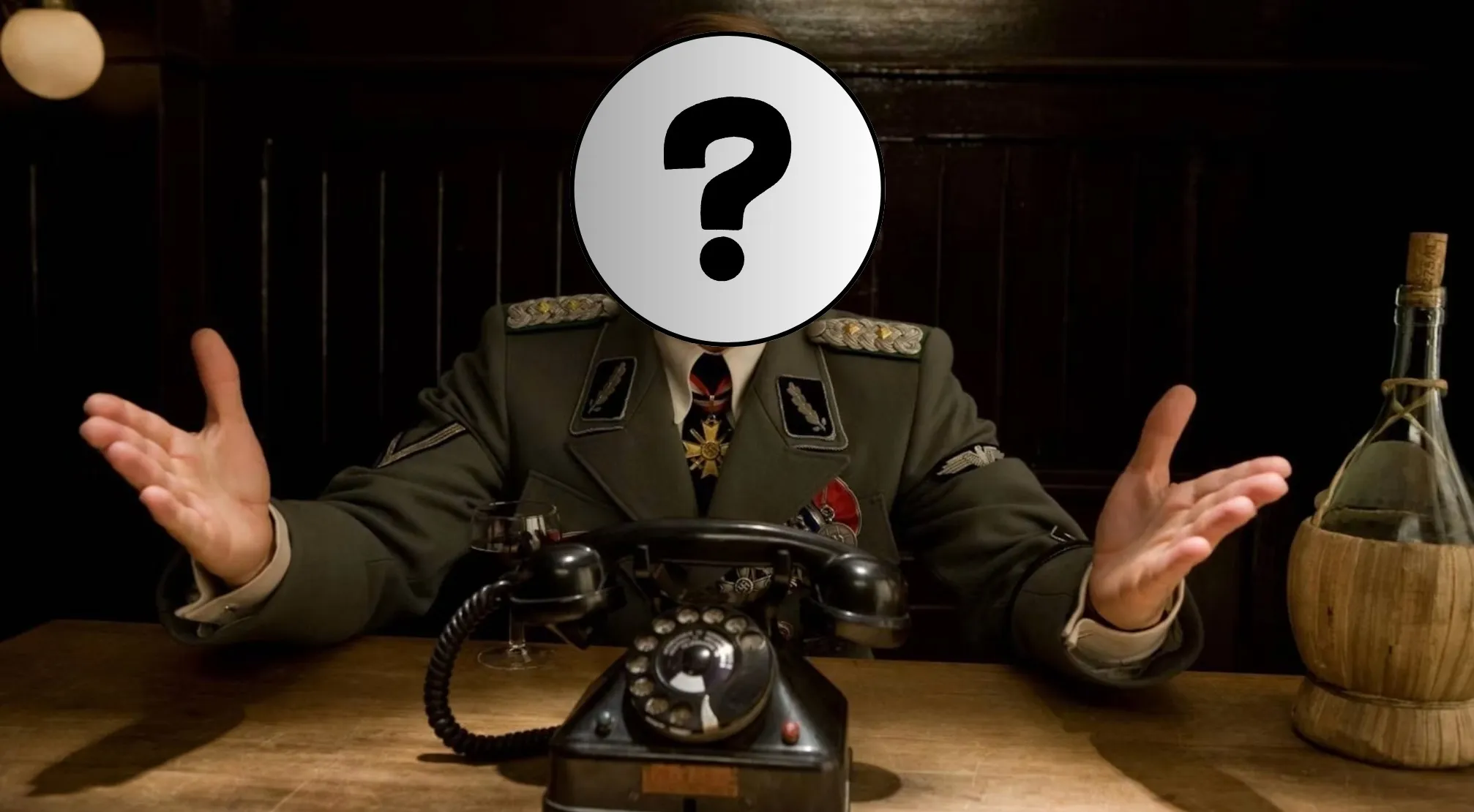 A Quentin Tarantino movie villain in military uniform, gesturing with an old phone and wine bottle on a wooden table.