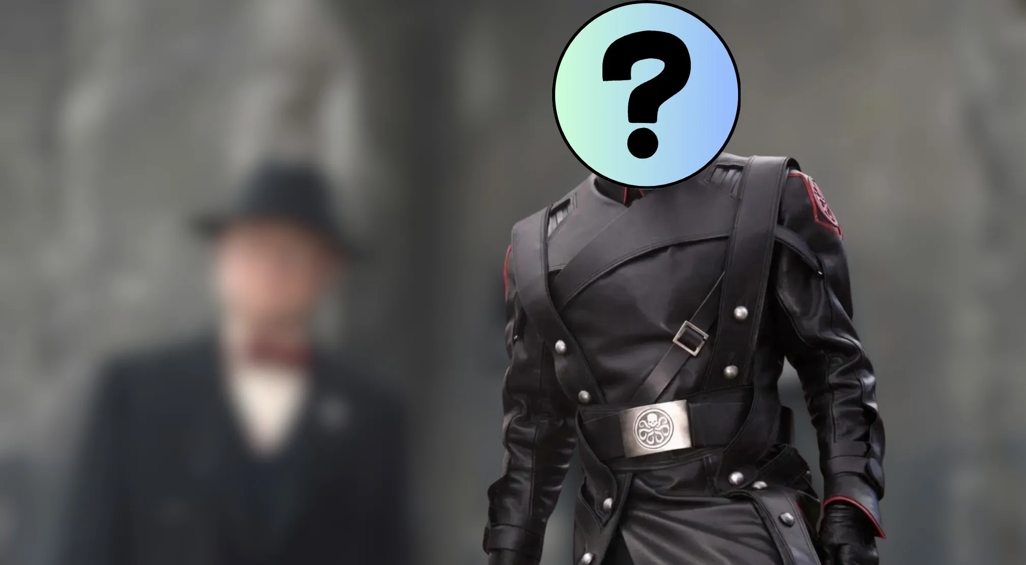 Guess the villain! A headless figure in a black HYDRA outfit with a question mark face. A blurry man in a hat in the background.