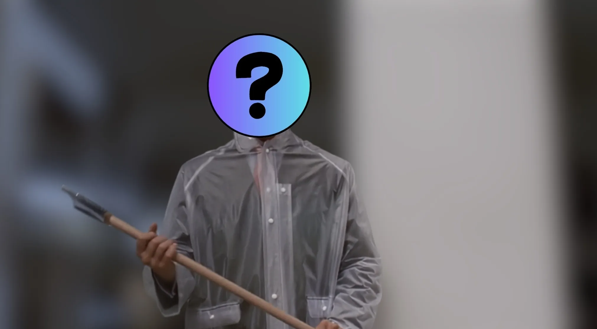 Guess the villain! A character in a transparent raincoat, holding a spear, with a question mark obscuring their face.