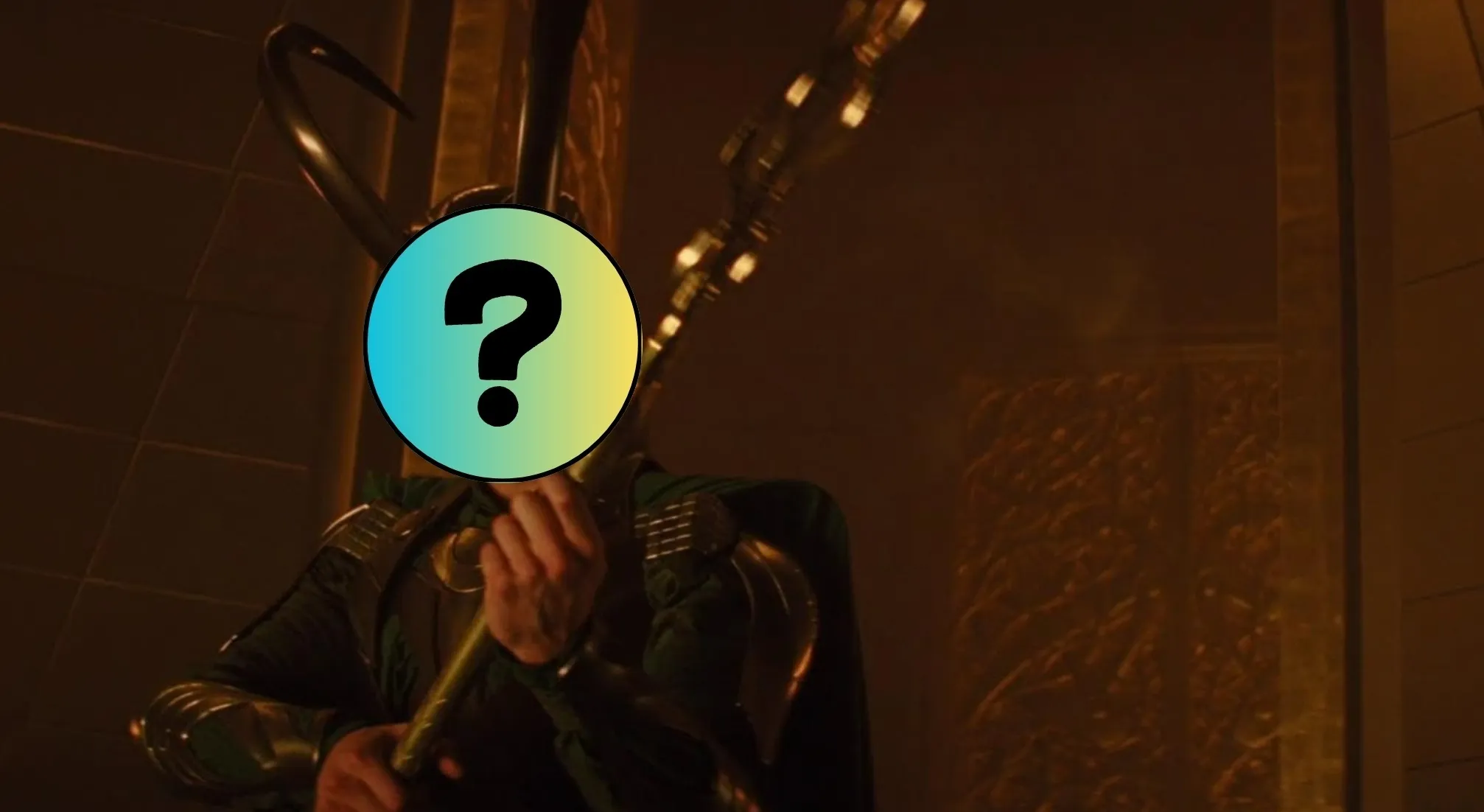 An image featuring an unknown Marvel villain, recognizable by their iconic horned helmet and golden staff, with a question mark covering their face.