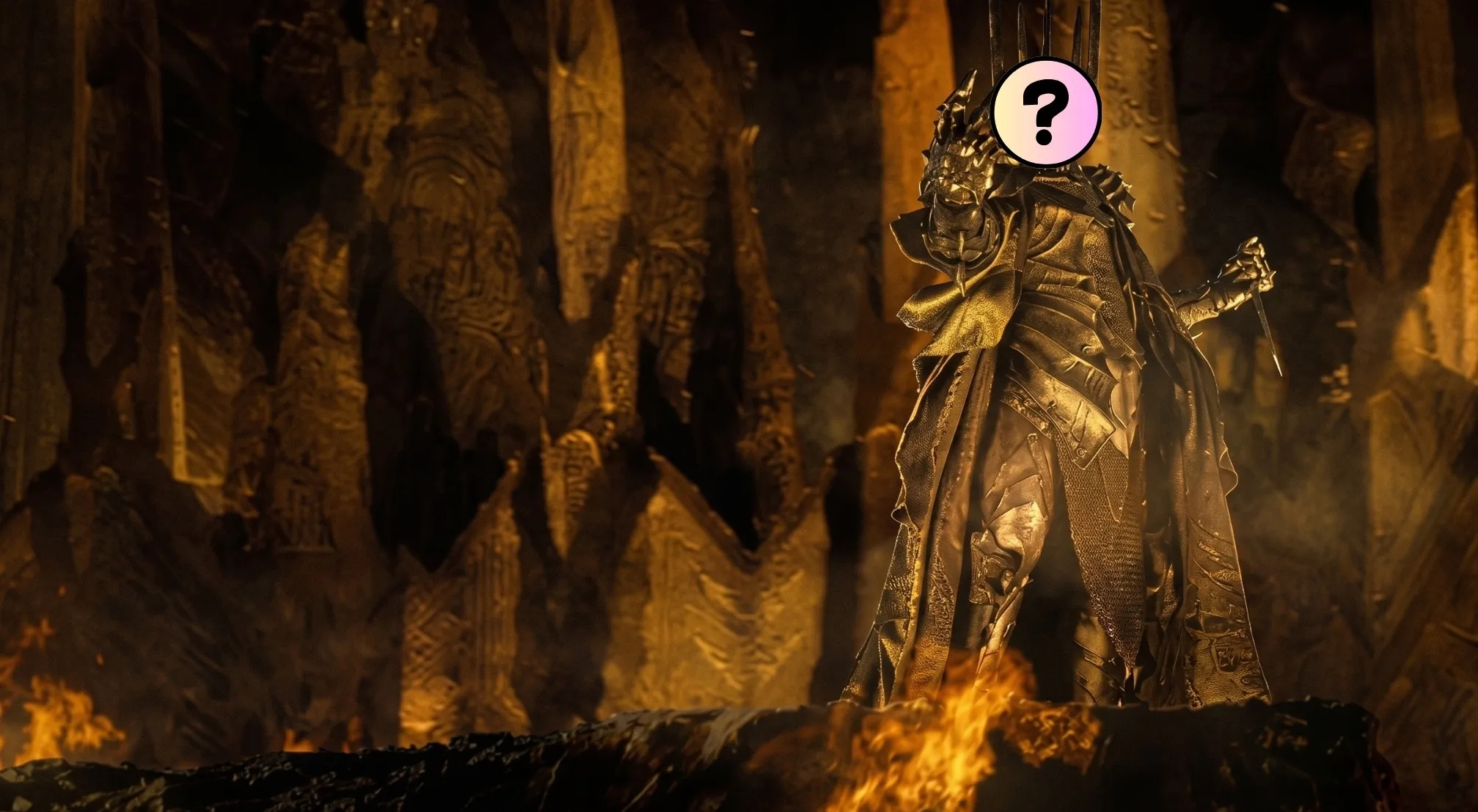 Lord of the Rings villain in imposing, spiky black and gold armor, head obscured by a question mark, surrounded by fire.