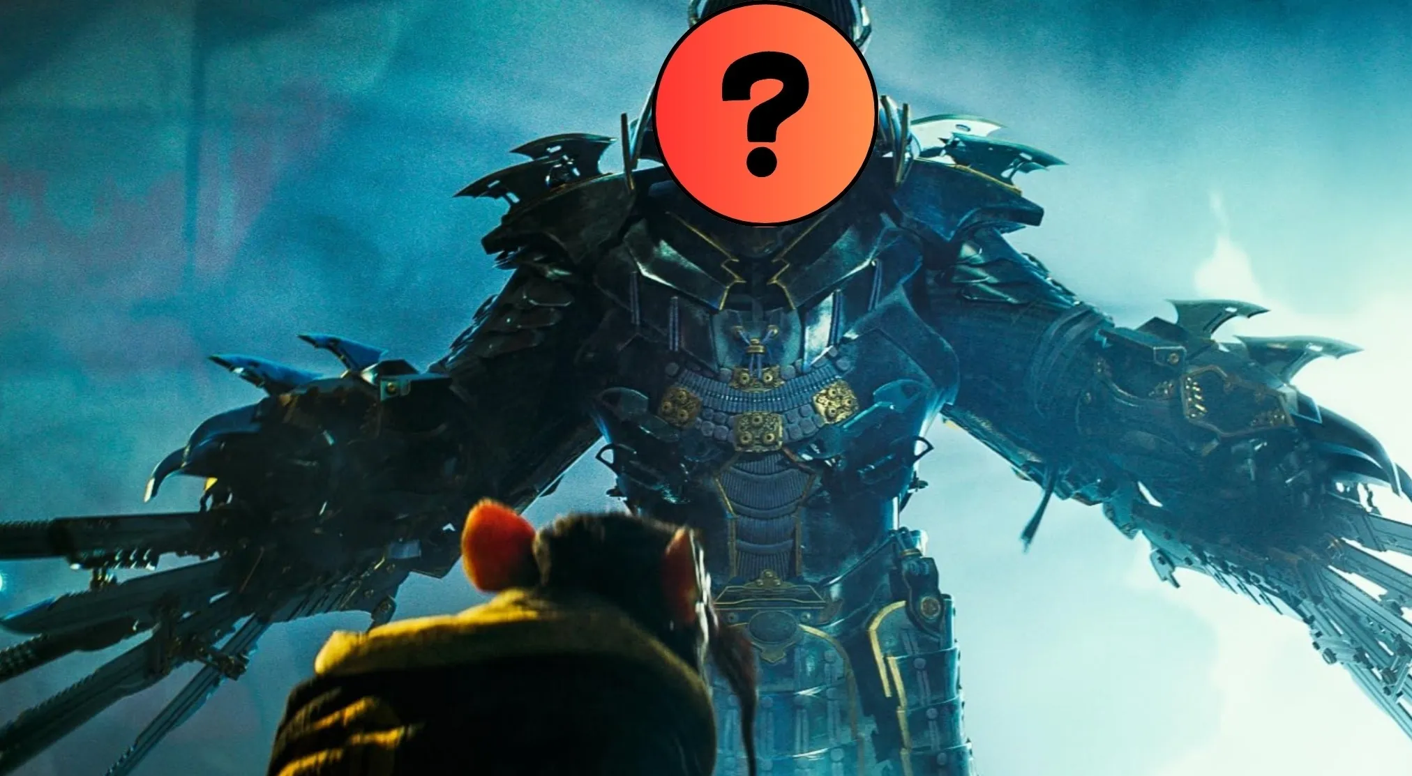 Guess the Villain by Their Outfit: A mysterious villain in dark armor with glowing highlights, seen from behind a shadowy figure.