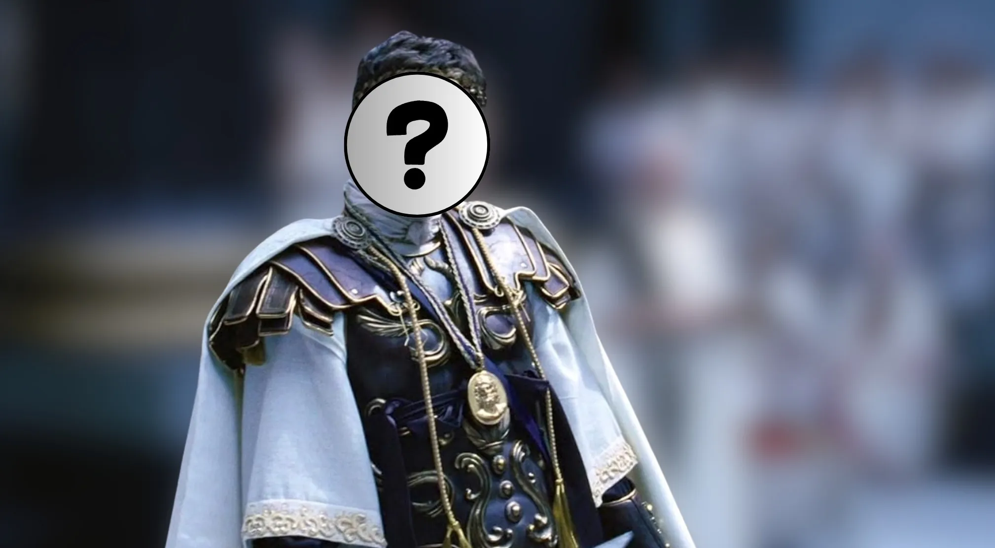 Historical movie villain, wearing an ornate Roman-style outfit with a white cape and gold embellishments. Face blurred with a question mark.