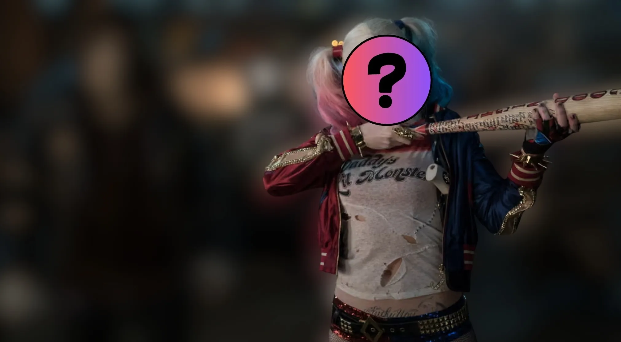 A blurred character in a ripped shirt, red and blue jacket, and pigtails with a question mark over their face, holding a baseball bat. Guess the Villain by their outfit!