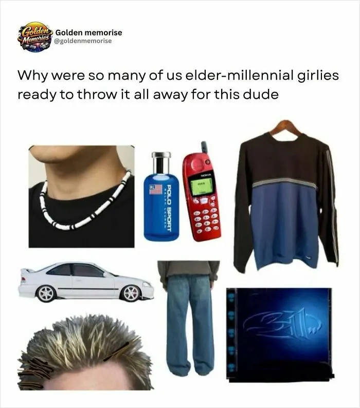 Nostalgic 90s fashion items including a Nokia phone, Polo Sport cologne, and a choker.