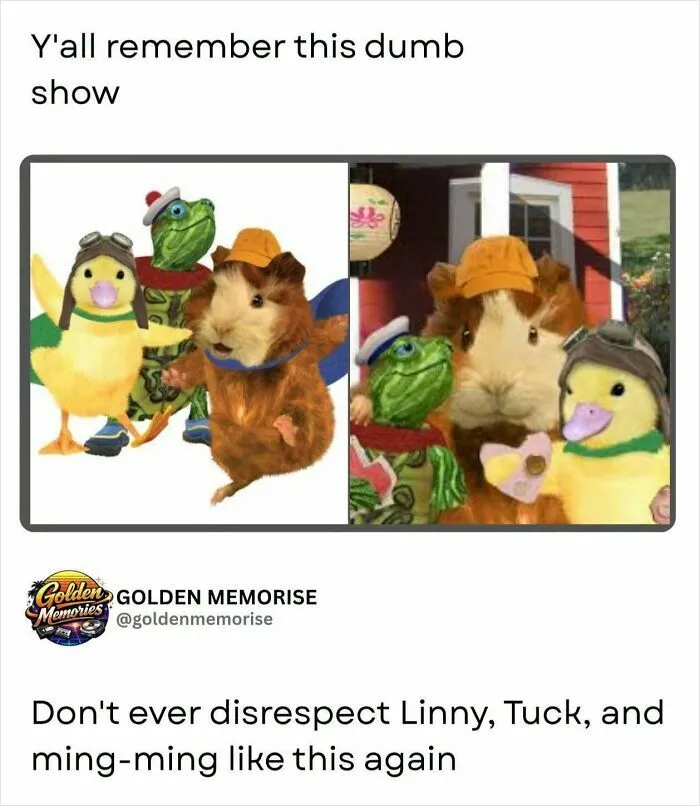 A split image showing the Wonder Pets characters Linny, Tuck, and Ming-Ming, a nostalgic 90s show that brings golden memories.
