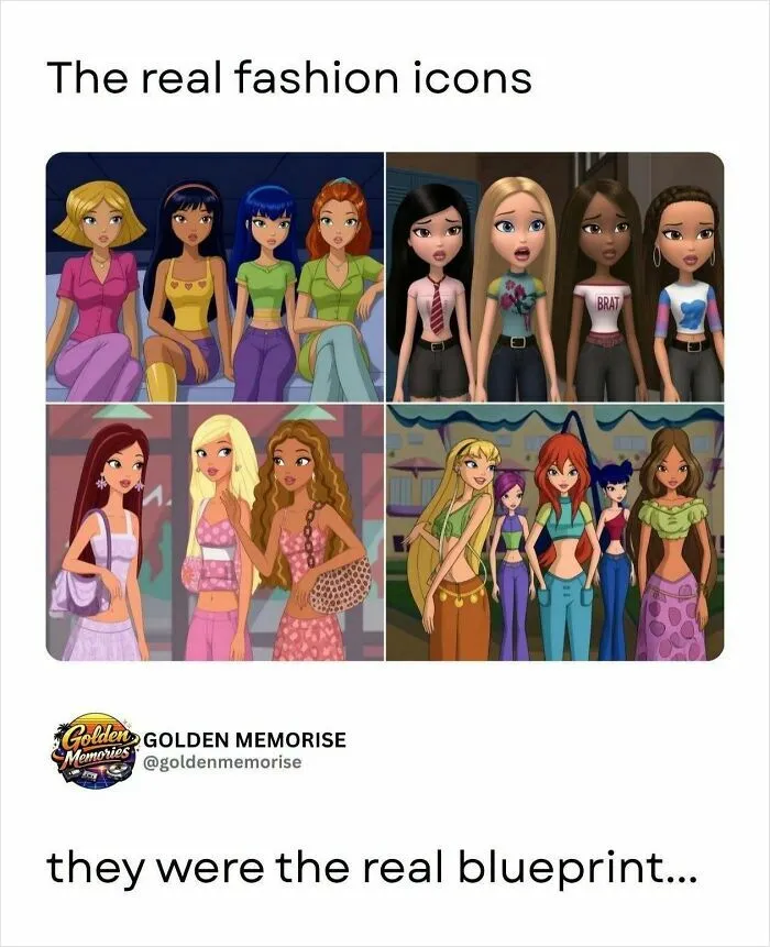 A collage of popular '90s cartoon characters from Totally Spies, Bratz, and Winx Club, icons of golden memories.