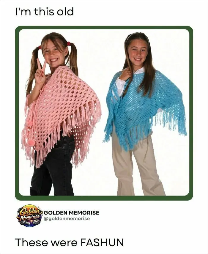 A split image shows two young girls in colorful crocheted ponchos, evoking golden memories of '90s fashion.