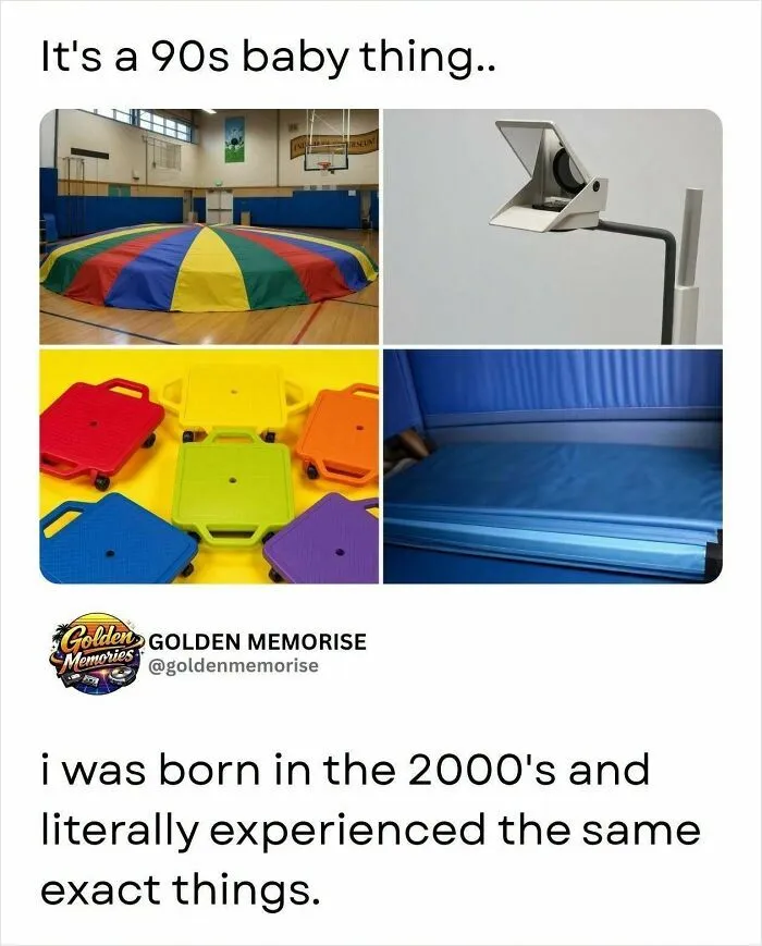 A collage of four images: a colorful parachute, an overhead projector, scooter boards, and a blue gym mat, all '90s nostalgic items.