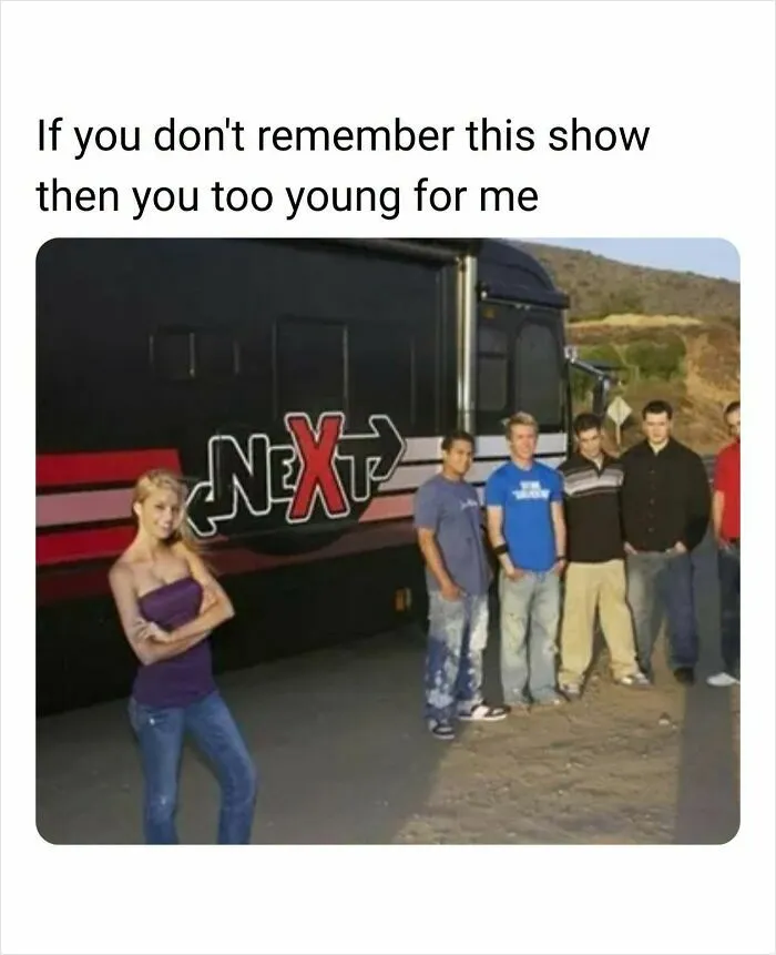 A woman stands in front of a bus with the NEXT logo, while five men stand behind her, showcasing '90s nostalgia.