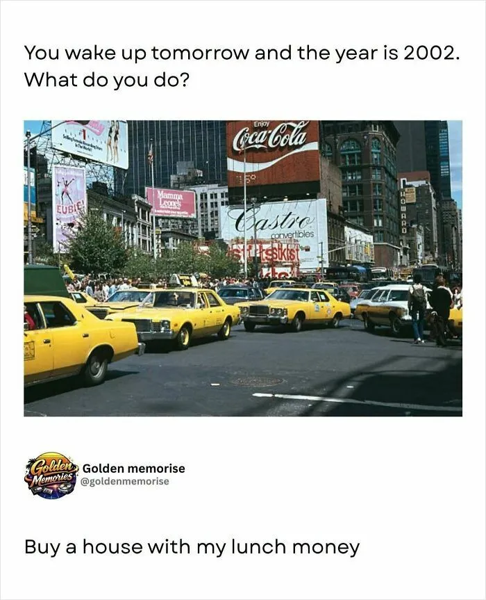 New York City street scene from 2002 with yellow taxi cabs, billboards including Coca-Cola, creating 90s nostalgia.