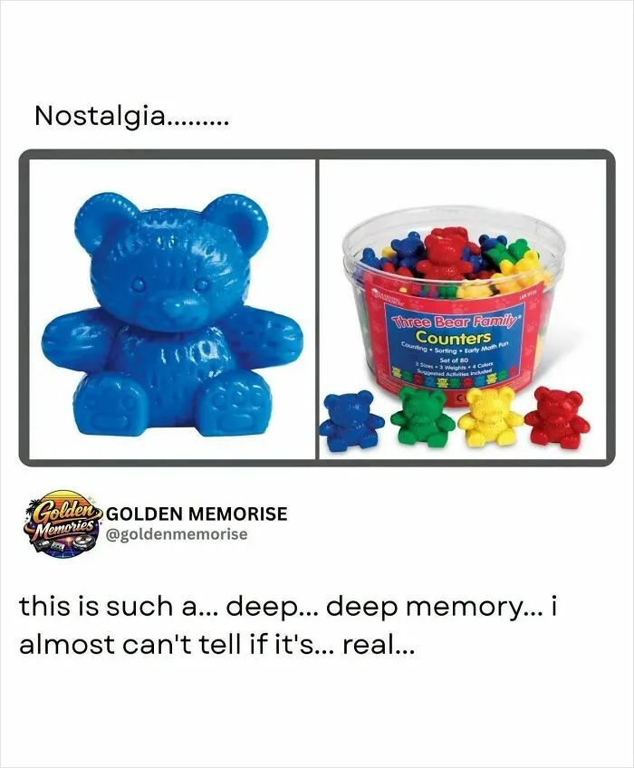 A blue bear counter and a tub of assorted colorful bear counters, sparking golden memories and '90s nostalgia.