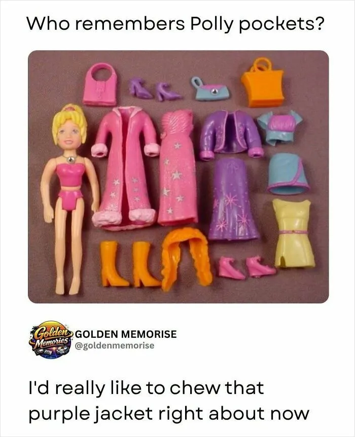 Polly Pockets and clothes, a nostalgic memory from the 90s, showcasing the small doll and her extensive wardrobe.
