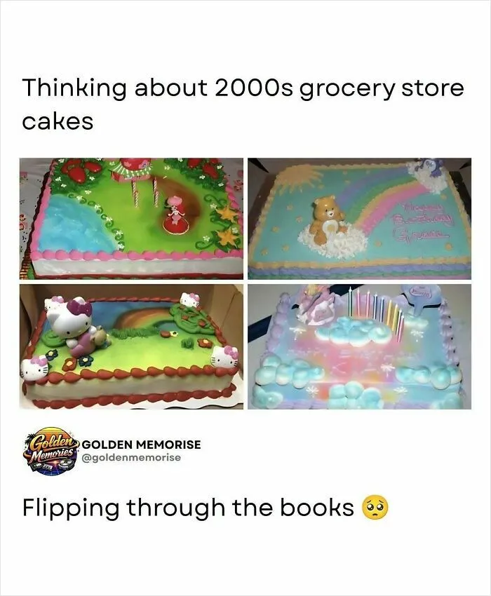 Four classic 2000s grocery store cakes with whimsical decorations, creating a nostalgic memory of past celebrations.