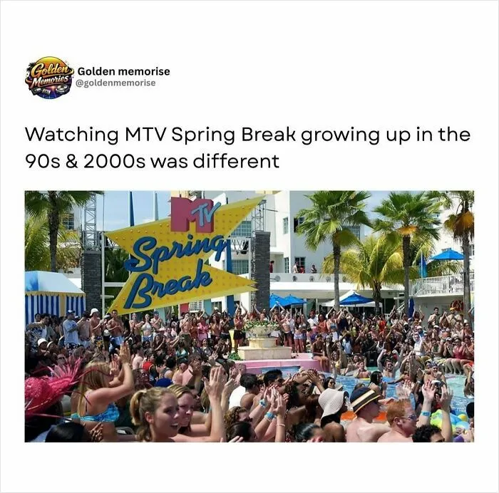 A vibrant image of MTV Spring Break in the 90s, capturing nostalgic memories of a large crowd enjoying a pool party.