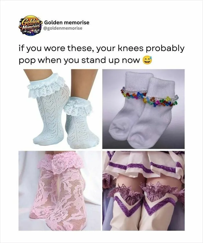 Four styles of ruffled and beaded socks, a symbol of 90s fashion and nostalgic golden memories.