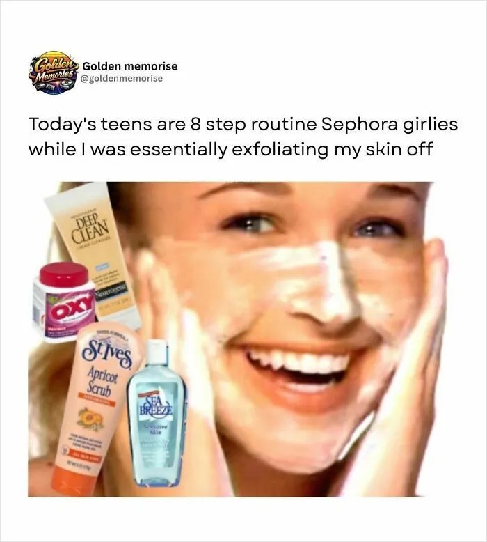 Nostalgic 90s skincare products like St. Ives Apricot Scrub and Oxy Pads on a smiling girl's face.