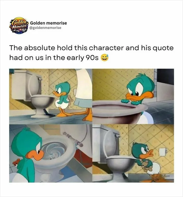 Daffy Duck cartoon in a four-panel comic, a nostalgic golden memory from the 90s.