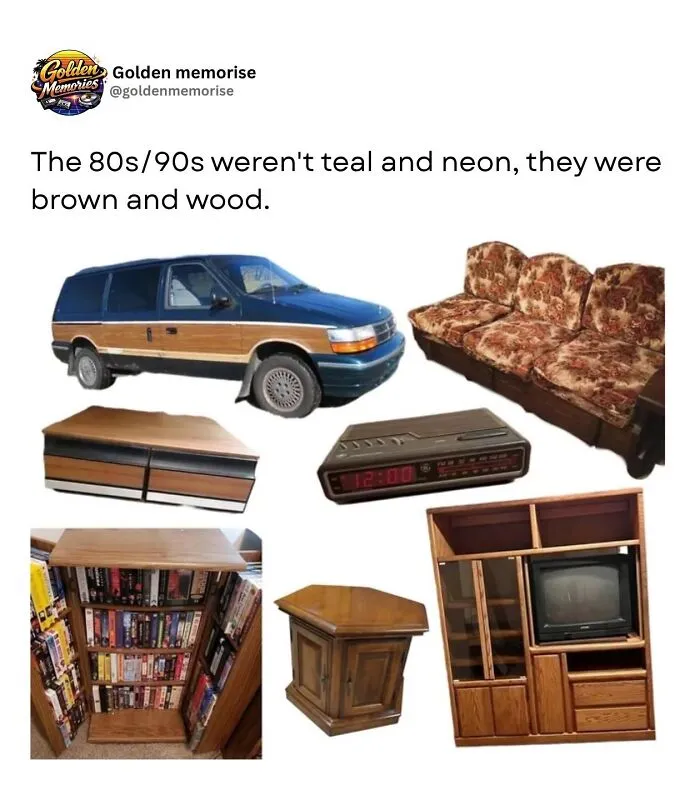Nostalgic 90s decor featuring wood furniture, a minivan, and a VCR cabinet.