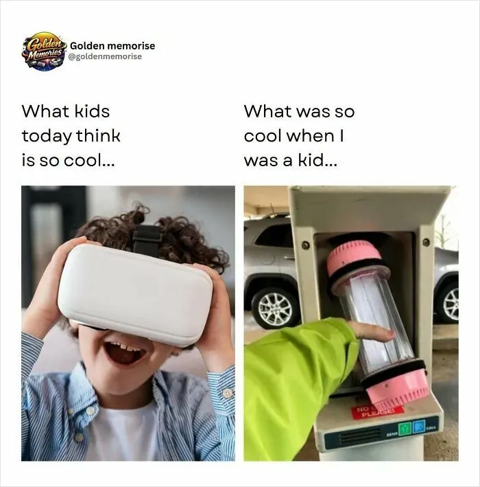 Nostalgic contrast between modern VR headset and a classic 90s toy.