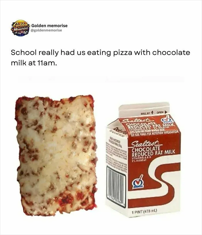A slice of school pizza next to a carton of chocolate milk, a nostalgic golden memory from the 90s and 2000s.