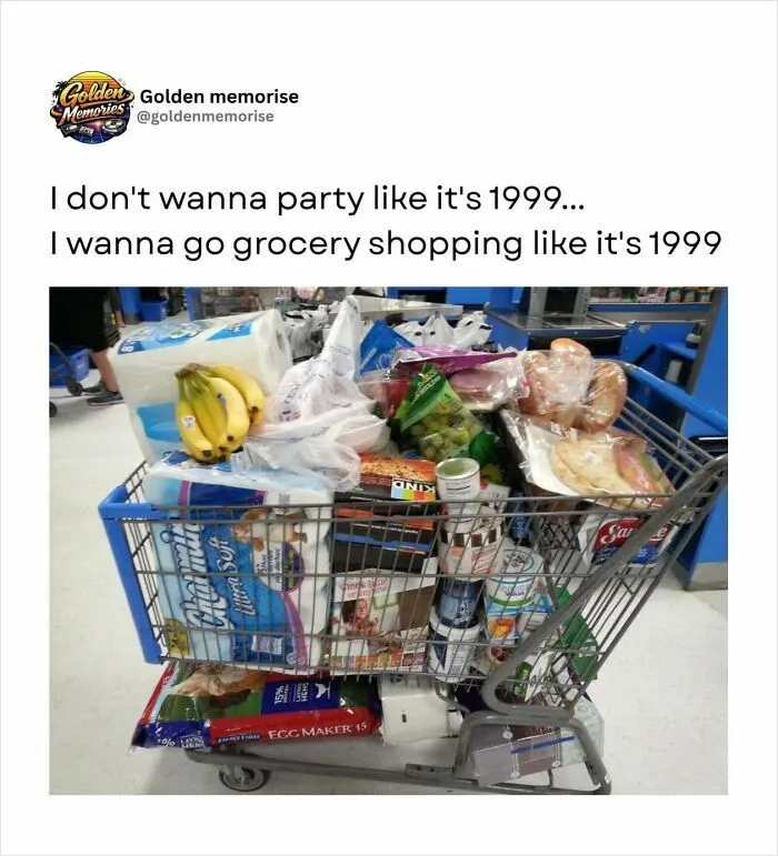 A full grocery cart filled with various items from the 90s, representing nostalgic shopping experiences and golden memories.