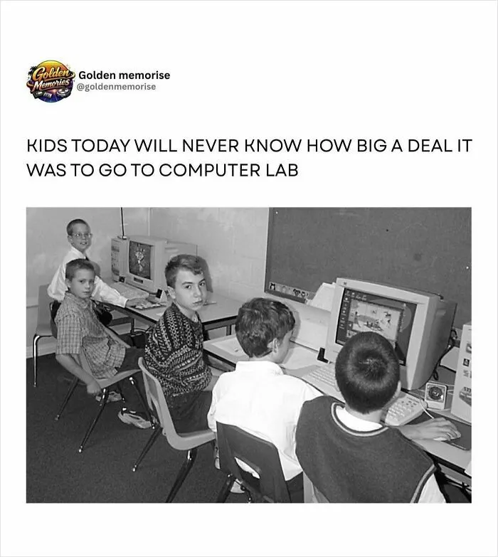 A black and white image of students in a 90s computer lab, evoking nostalgic golden memories.