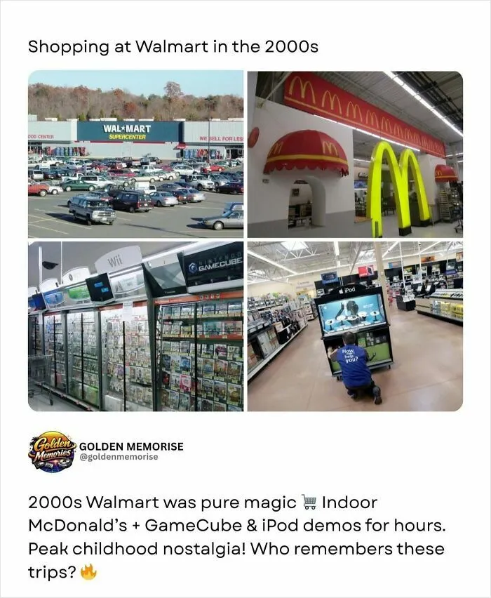 Collage of a 2000s Walmart, featuring an exterior, indoor McDonald's, and gaming demos, showcasing nostalgic memories.