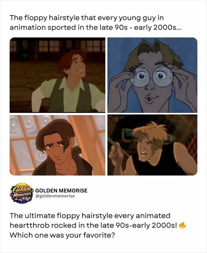Animated characters from the 90s with popular floppy hairstyles, a truly nostalgic post. Golden Memories of cartoon heartthrobs.