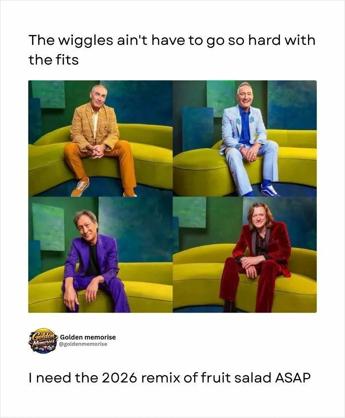The Wiggles wearing stylish suits, creating a nostalgic 90s post. Golden Memories of their iconic fits.