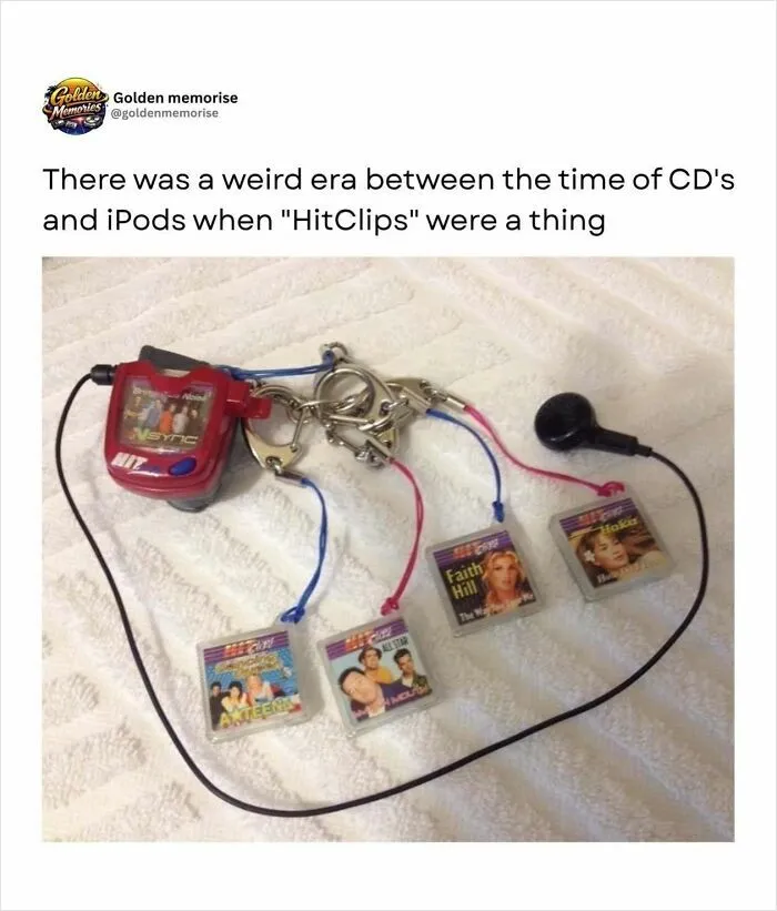 A set of HitClips with multiple miniature music cartridges and headphones, a '90s post evoking golden memories.