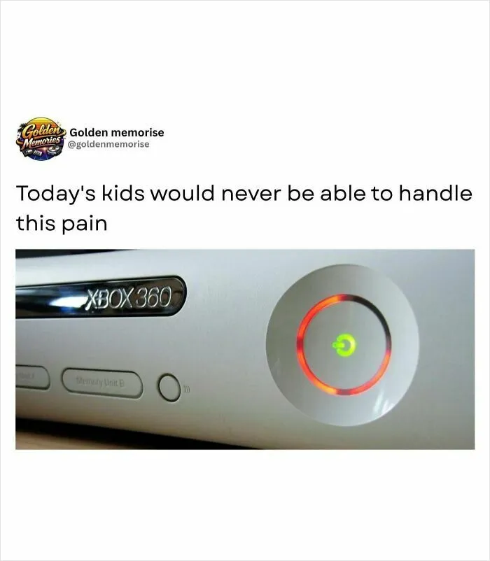 A close-up of an Xbox 360 console with the red ring of death, a nostalgic '90s post.