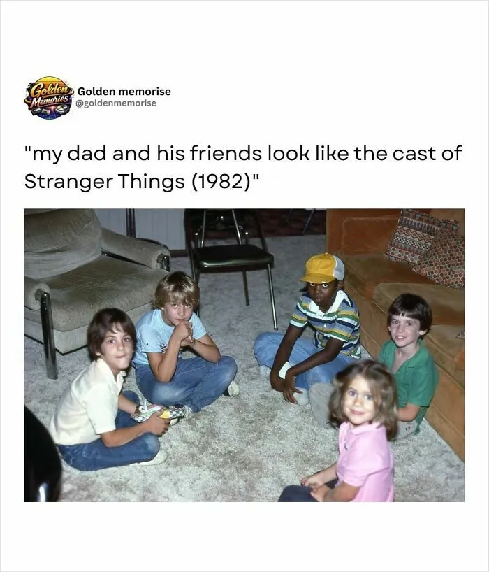 Four boys and one girl sitting on a carpet, resembling the cast of Stranger Things, capturing the golden memories of 90s posts.