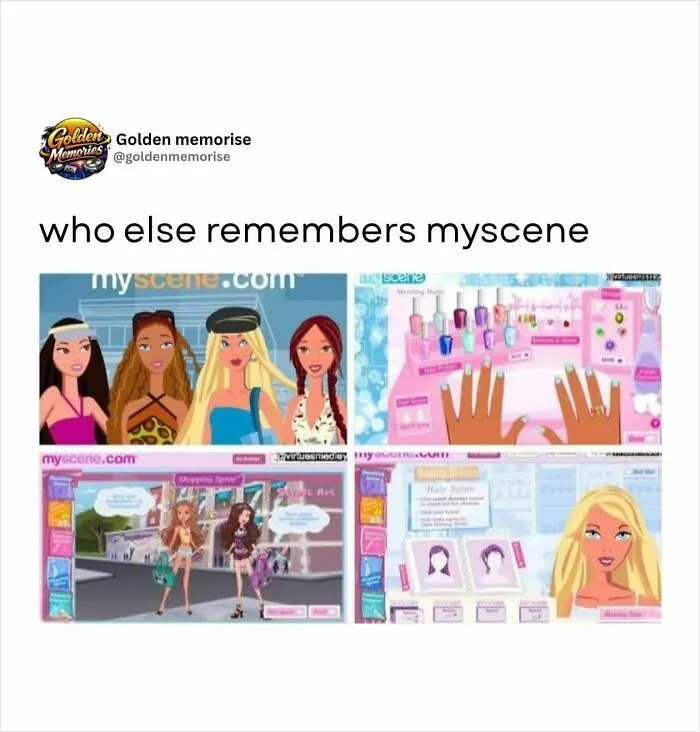 Screenshots from the MyScene website showcasing fashion dolls and hair salon games, a nostalgic reminder of 90s posts and golden memories.