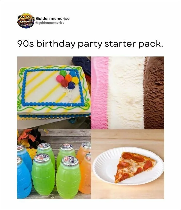 A 90s birthday party starter pack with a decorated cake, Neapolitan ice cream, brightly colored drinks, and a slice of pizza, bringing back golden memories.