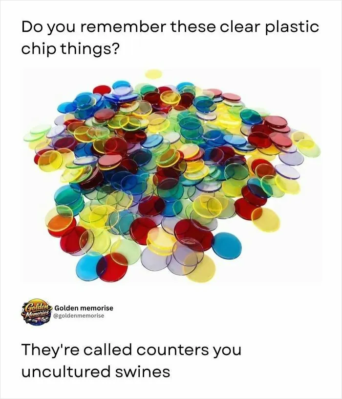 A pile of colorful clear plastic counters, evoking nostalgic 90s posts and golden memories.