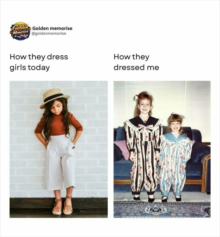 A comparative image showcasing 90s kids fashion versus modern kids fashion, evoking Golden Memories.