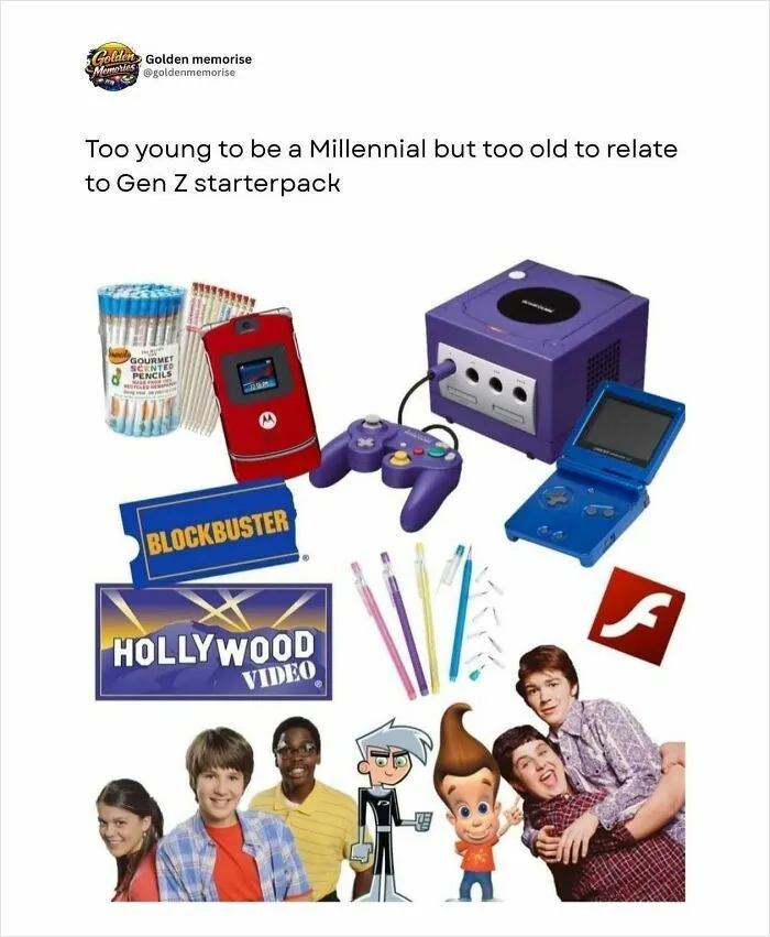 A starter pack for 90s nostalgia with Blockbuster, GameCube, flip phone, and cartoon characters.