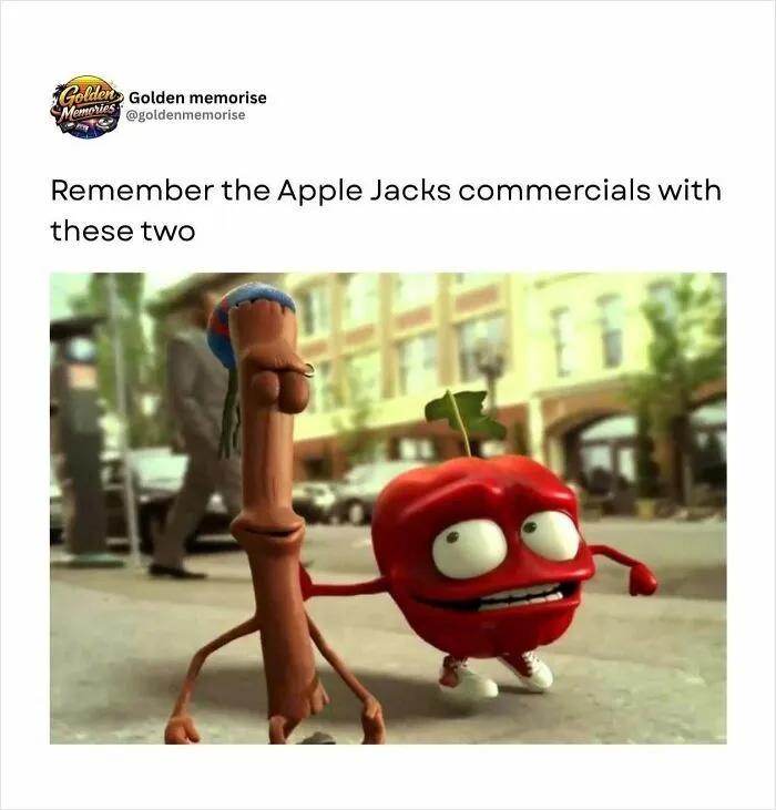 A nostalgic image of the Apple Jacks cinnamon stick and apple characters from a 90s commercial.