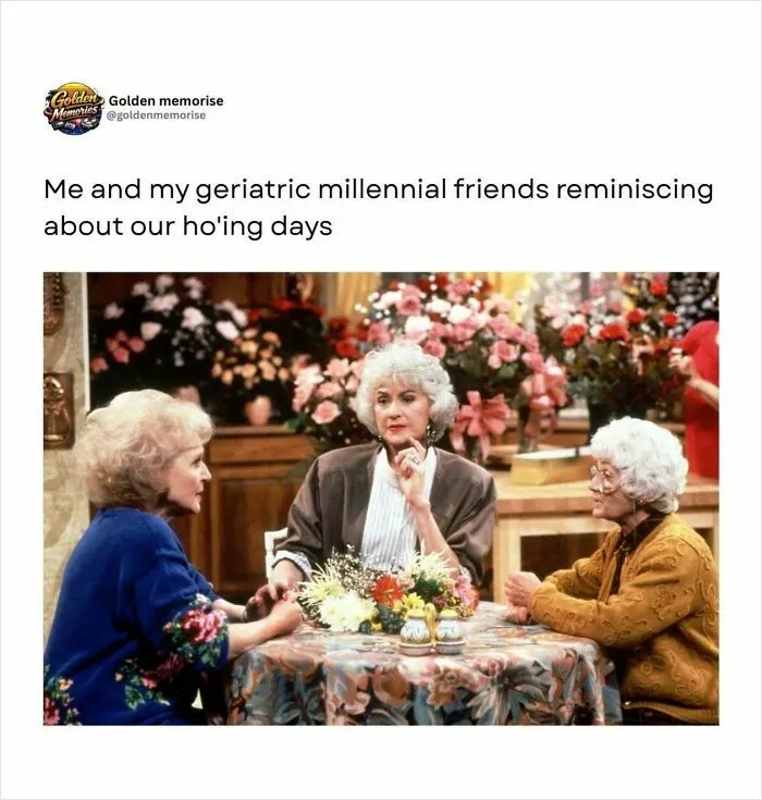 The Golden Girls sitting at a table, a nostalgic image for 90s golden memories.