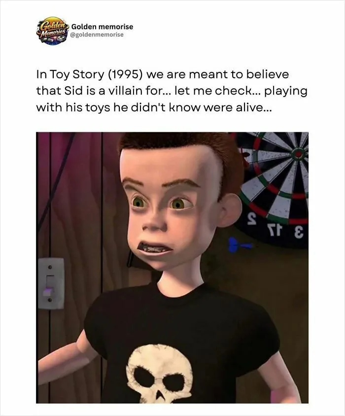 Sid from Toy Story, a '90s character, looking villainous, a nostalgic post about the animated film.
