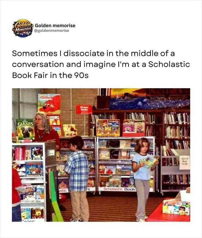 A '90s Scholastic Book Fair with kids browsing books, evoking nostalgic memories.