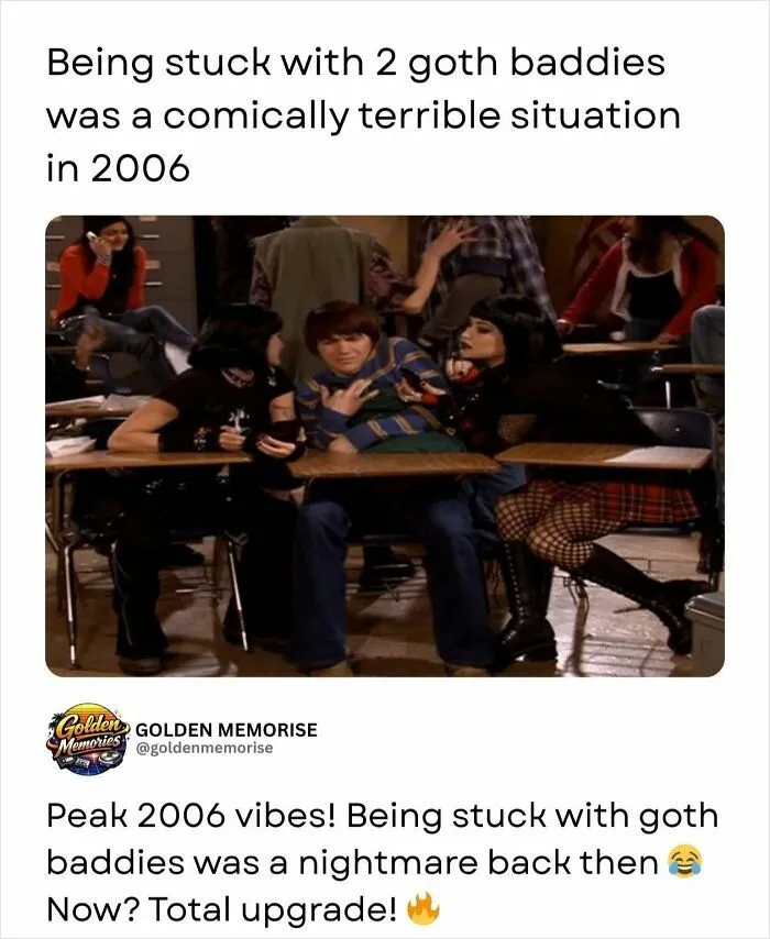 A scene from a 2006 show with a guy between two goth girls, a nostalgic post. Golden Memories of funny social situations.