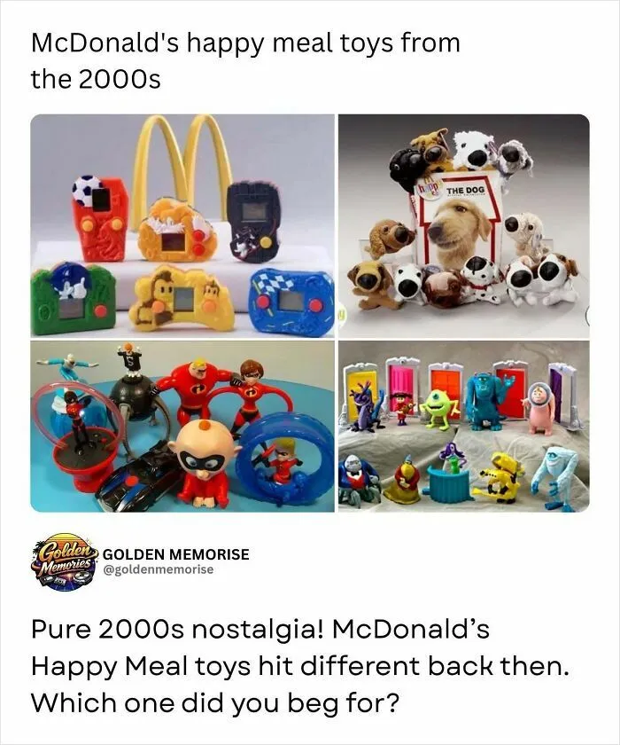 McDonald's Happy Meal toys from the 2000s, evoking nostalgic memories. A Golden Memories post about classic toys.