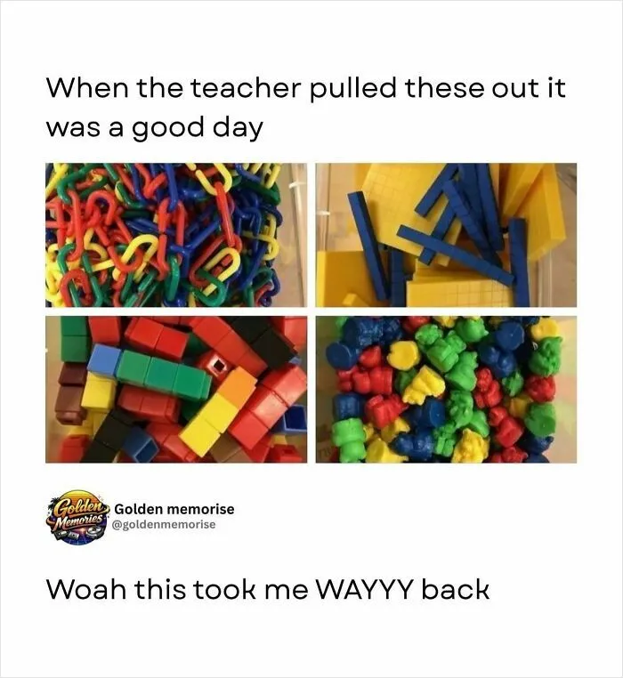 Four quadrants showing classic classroom manipulatives: colorful linking chains, base ten blocks, Cuisenaire rods, and counting bears, a '90s post.