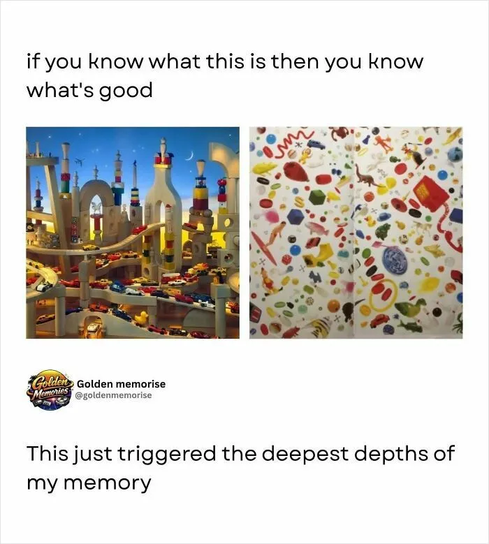 Two images side-by-side: a wooden toy city on the left and a detailed I Spy book page on the right, '90s posts.