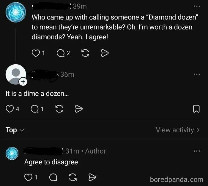 A social media screenshot showing a person mistakenly using diamond dozen instead of dime a dozen, highlighting people who are dumb.